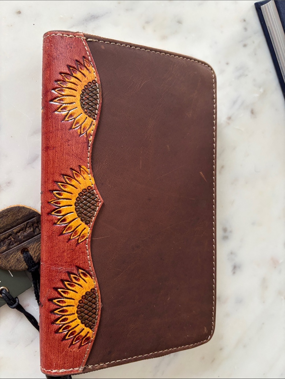 Myra Bag Brown Leather Zip Wallet with Sunflower Appliqué - Picture 4 of 8